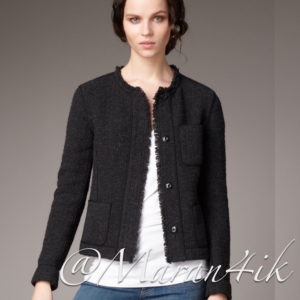 Vince Wool Blend Woven Fringe Blazer Frayed Edge Boucle Tweed Jacket size 2